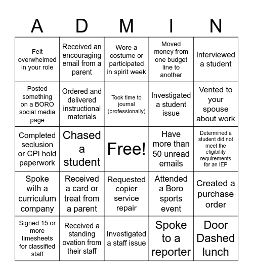 Administrator BINGO Card