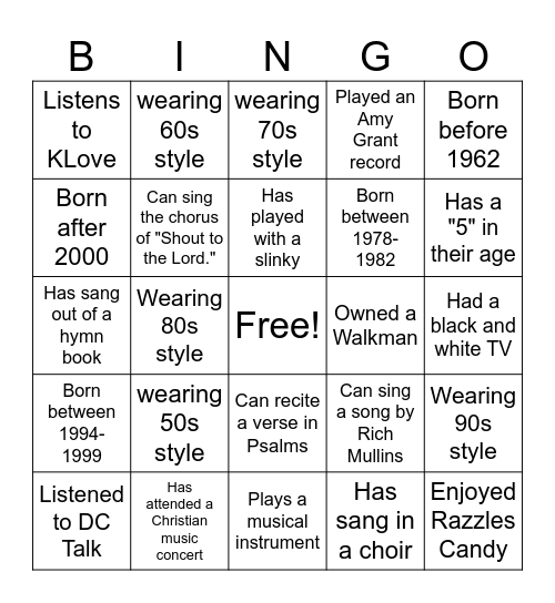 Through the Decades Bingo Card