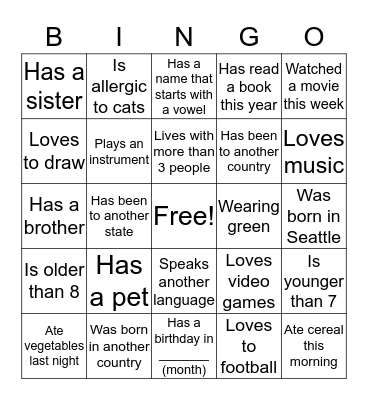 Getting to Know You Bingo Card