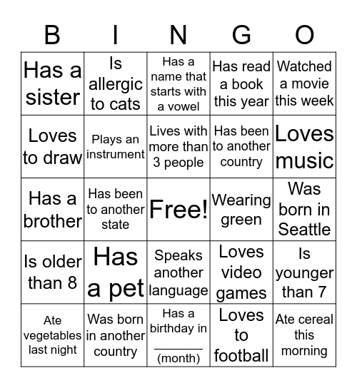 Getting To Know You Bingo Card