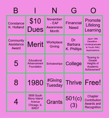 EAF BINGO Card