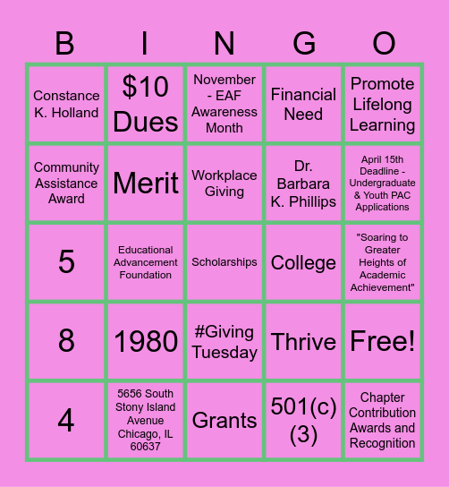 EAF BINGO Card