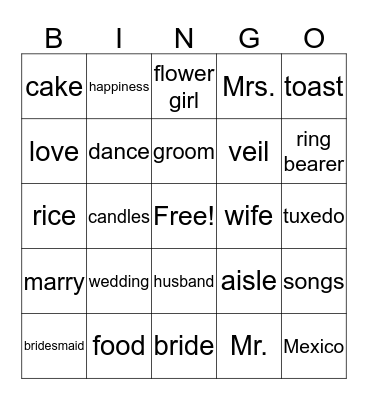 Ms. Rosendall's Bridal Shower Bingo Card