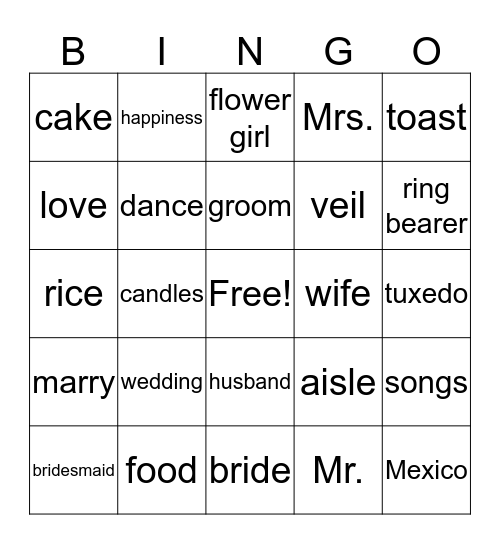 Ms. Rosendall's Bridal Shower Bingo Card