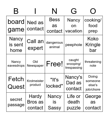 Nancy Drew Bingo Card Bingo Card