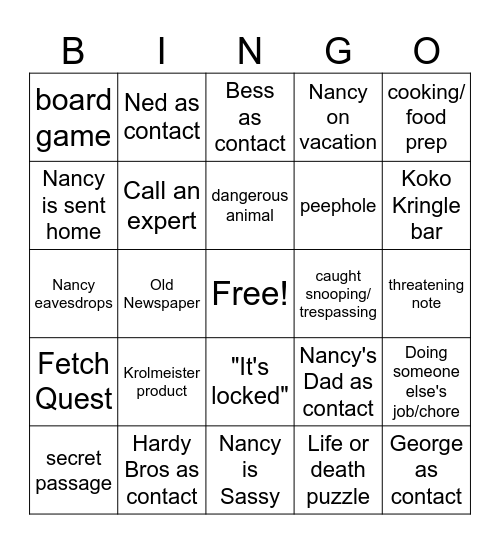 Nancy Drew Bingo Card Bingo Card