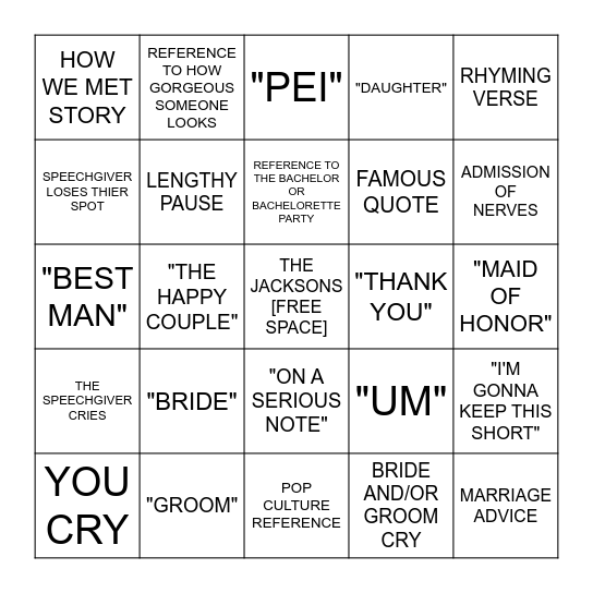 WEDDING SPEECH BINGO Card