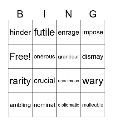 Vocabulary Bingo Card