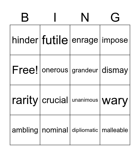 Vocabulary Bingo Card