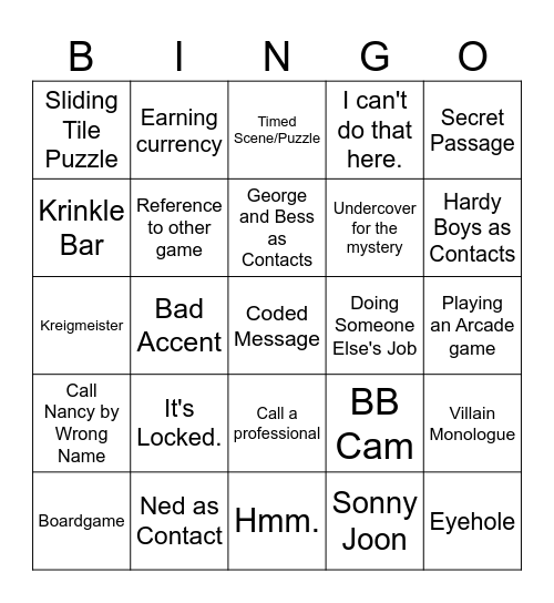 Nancy Drew Bingo Card