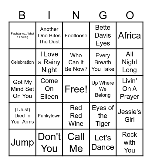Rock 'N Roll Bingo - 80's #1's Bingo Card