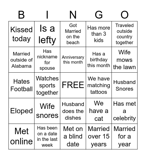 Marriage Ministry Date Night Bingo Card