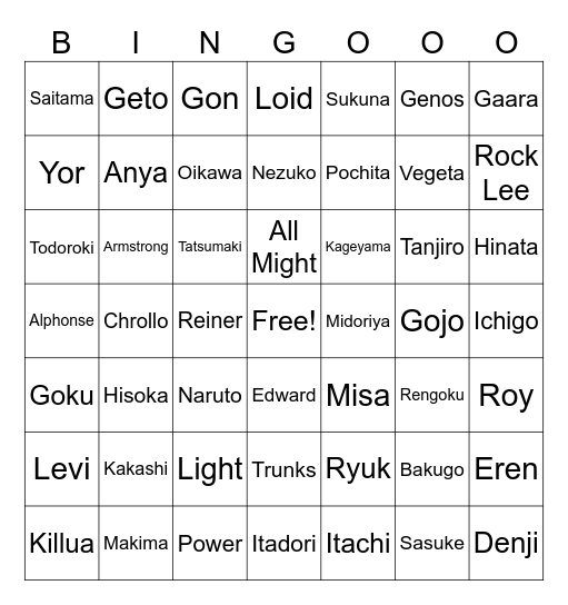 Shounen Night Bingo Card