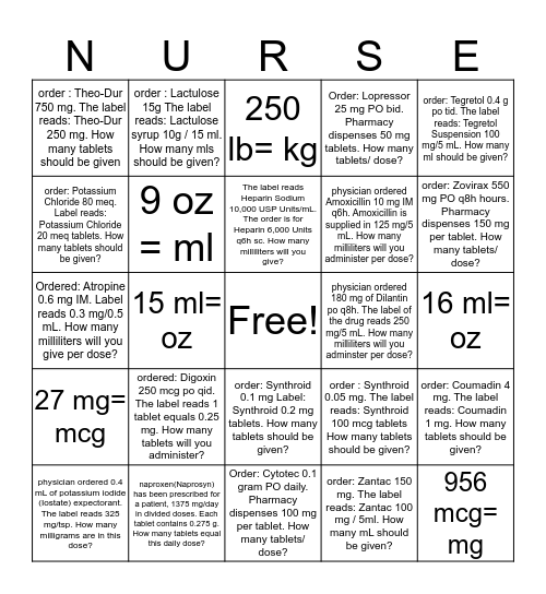 Nurse Bingo Card