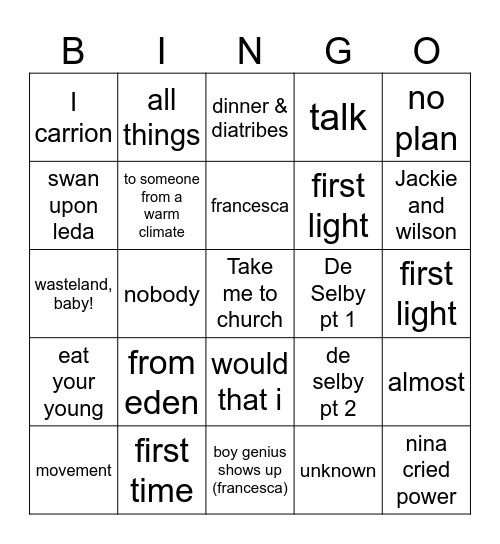 Hozier Bingo Card