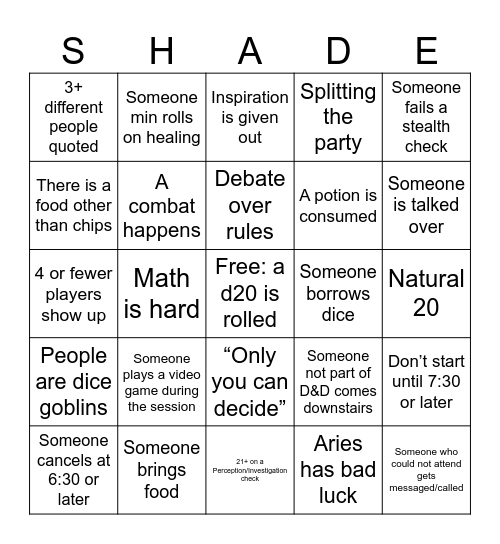 D&D Bingo Sept 29th Bingo Card