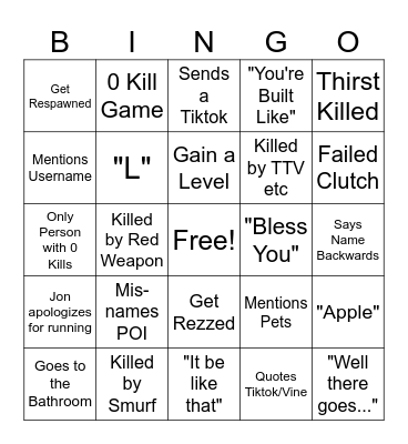 Lets Go 2.0 Bingo Card