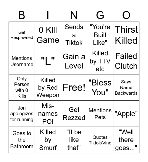 Lets Go 2.0 Bingo Card