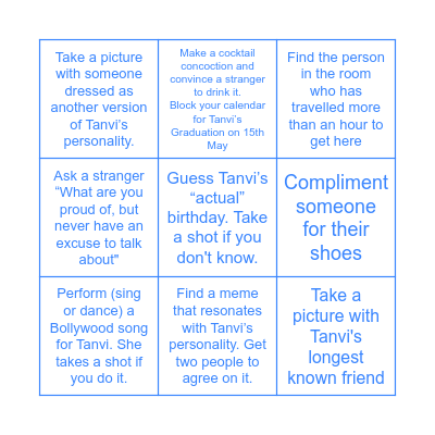 Tanvi's Personality Birthday Bingo Card