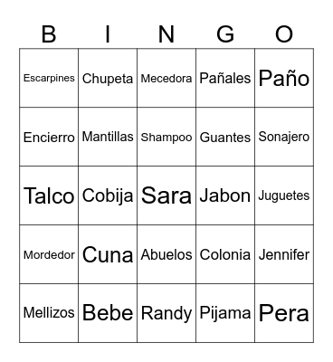 Baby Shower Sara Bingo Card