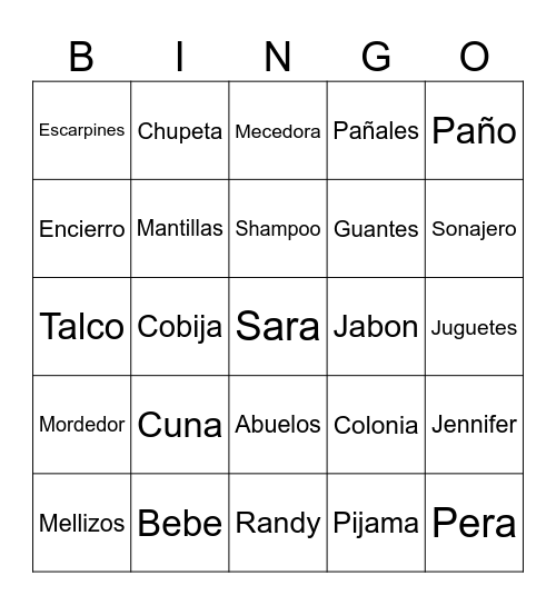 Baby Shower Sara Bingo Card