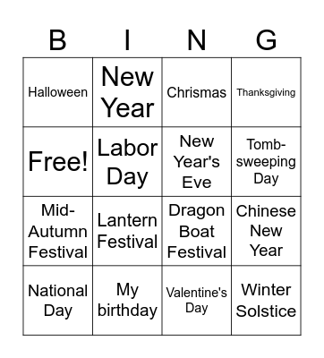 mainly chinese festivals bingo Card