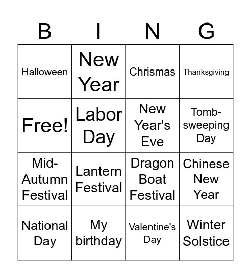 mainly chinese festivals bingo Card