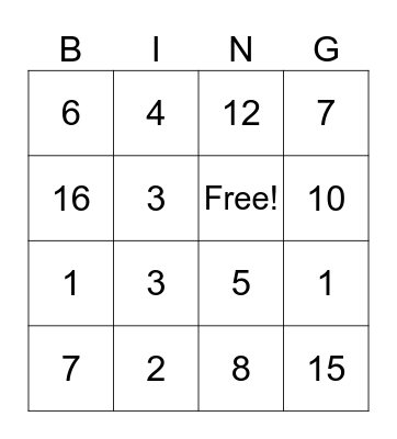 Addition and Subraction Bingo Card