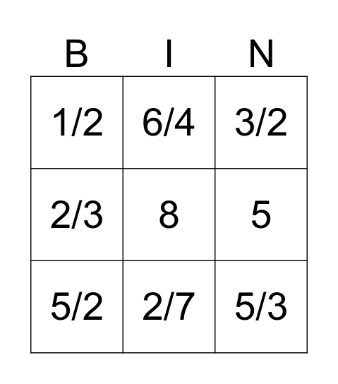 FRACTIONS Bingo Card