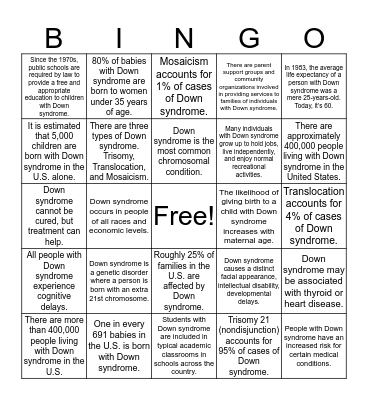 Down Syndrome Facts Bingo Card