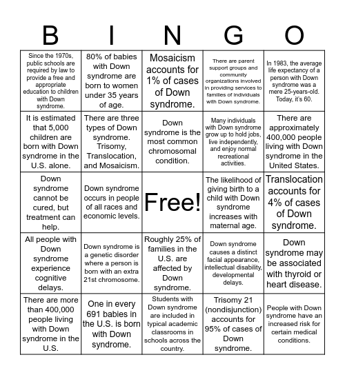 Down Syndrome Facts Bingo Card