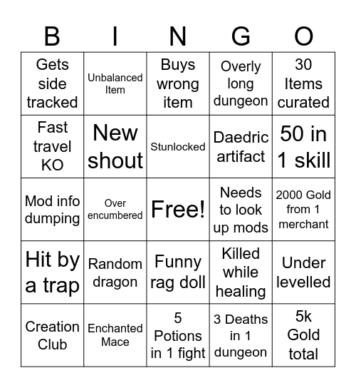Socks Skyrim Bingo!!!! Bingo Card