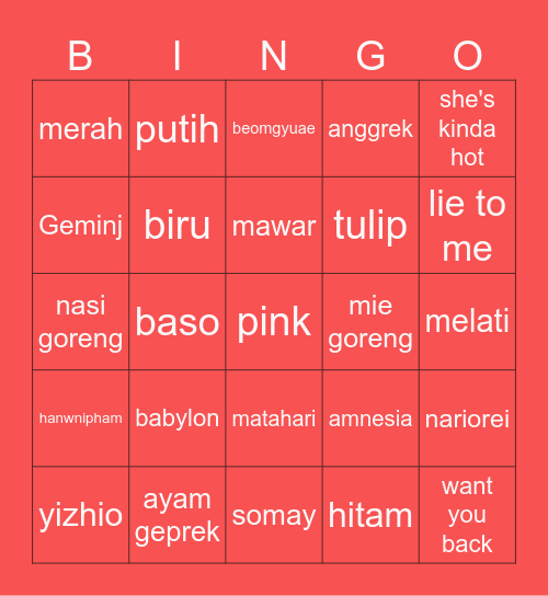 Punya Geminj Bingo Card