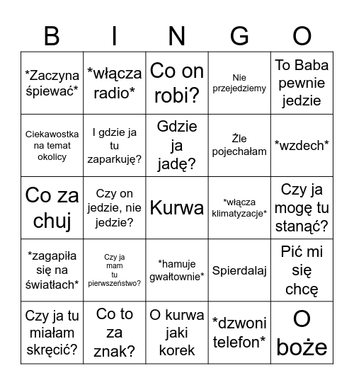 Mama za kierownicą Bingo Card