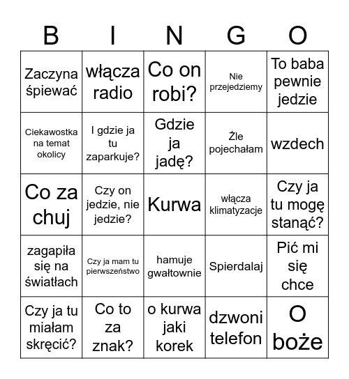 Mama za kierownicą Bingo Card