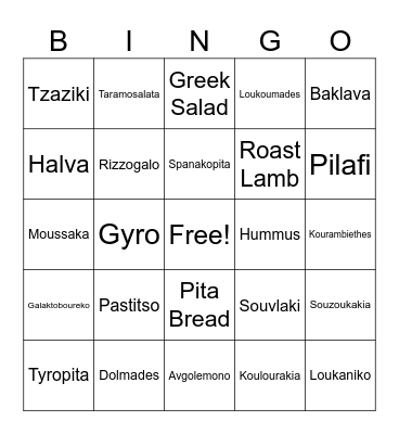 Greek Food Bingo! Bingo Card