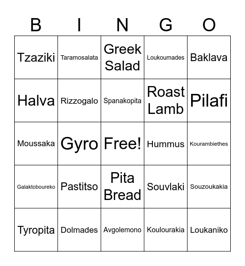 Greek Food Bingo! Bingo Card