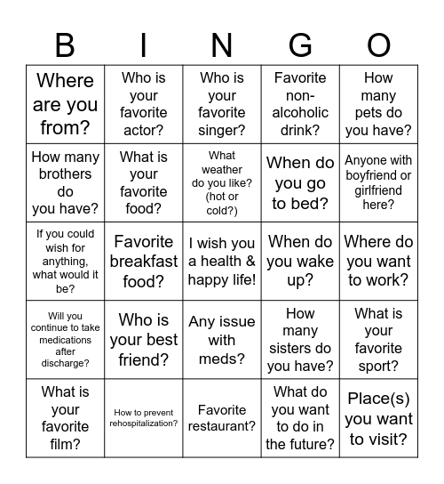 Question Bingo Card