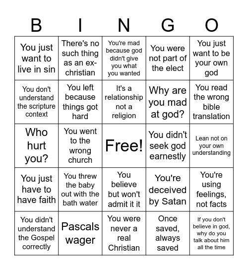 Things Christians Say To Ex-Christians Bingo Card