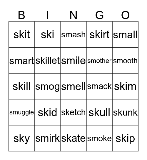 Seth's "Sk" and "Sm" Word Bingo Card