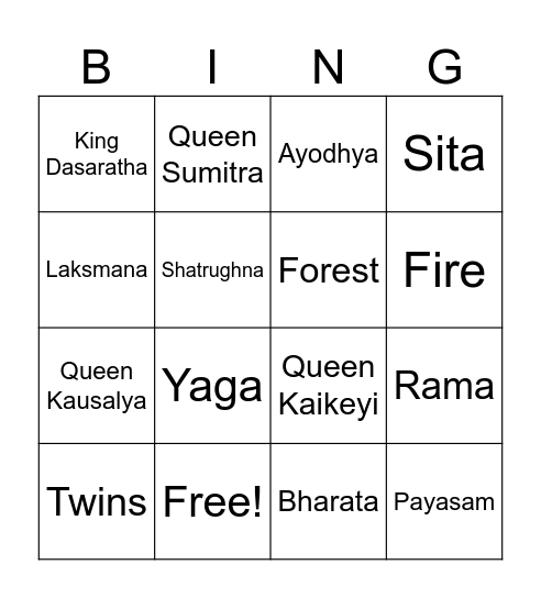 Ramayana Bingo Card