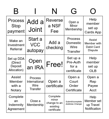 Member Services Bingo Card
