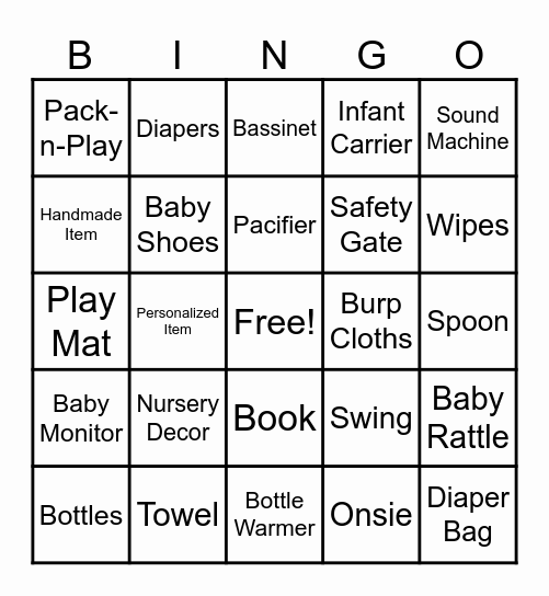 Baby Shower Bingo Card