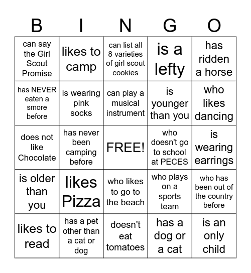 Find a Girl Scout Who.... Bingo Card