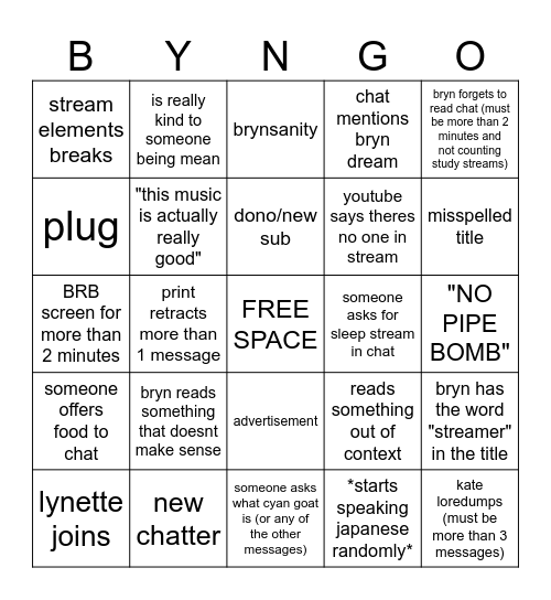 bryn bingo Card