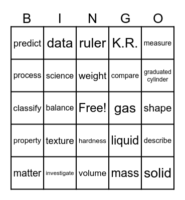 Matter Vocabulary Bingo Card