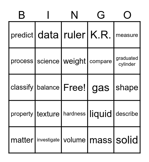 Matter Vocabulary Bingo Card