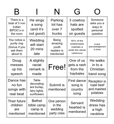 Wedding Bingo Card