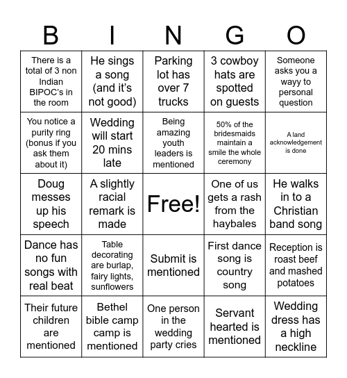 Wedding Bingo Card