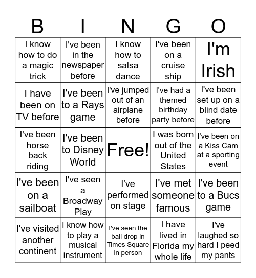 Life Experiences Bingo! Bingo Card
